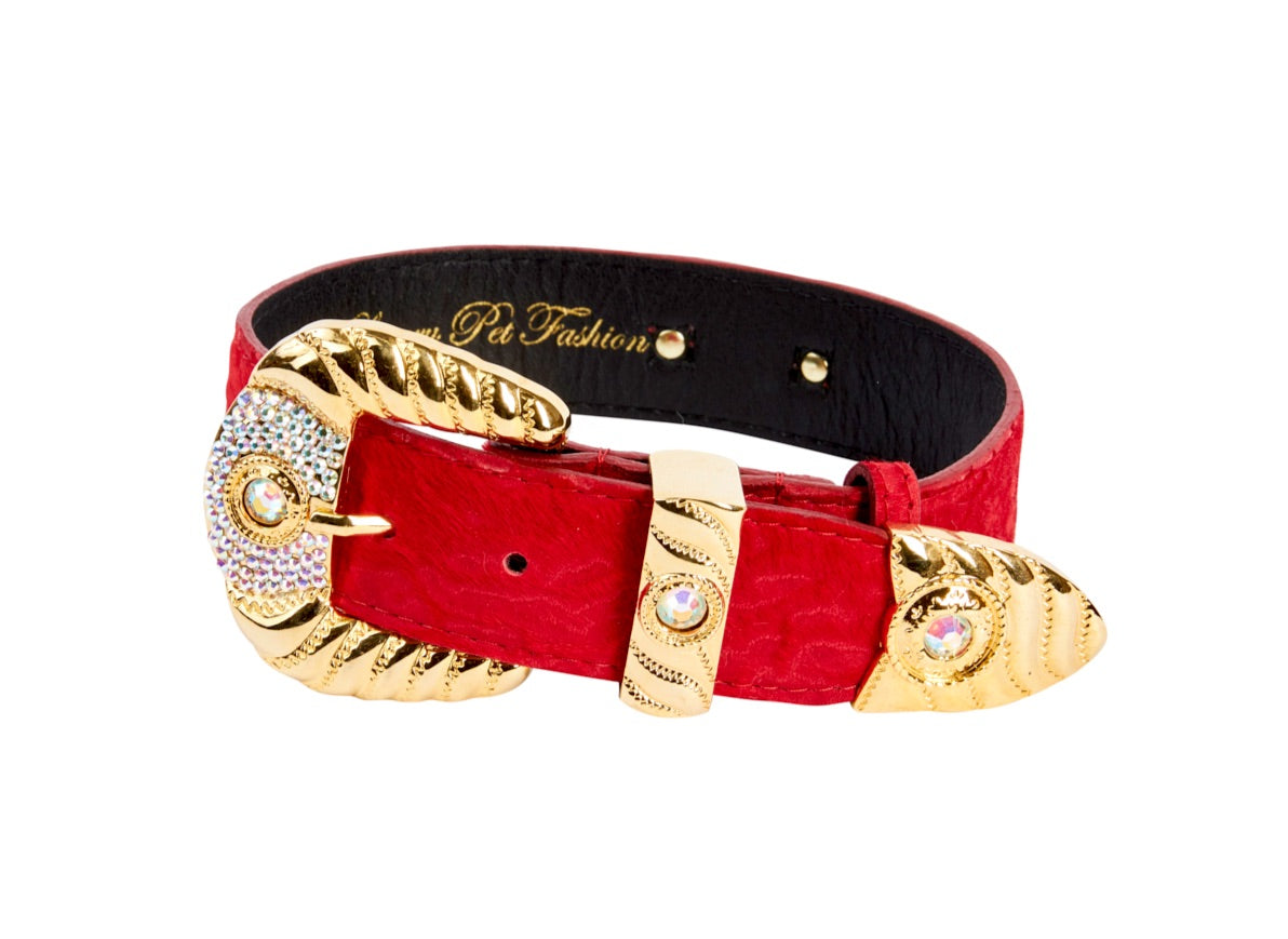Allysa Payne Red Hair On Hide Italian Leather Dog Collar With Ornate Swarovski Hardware