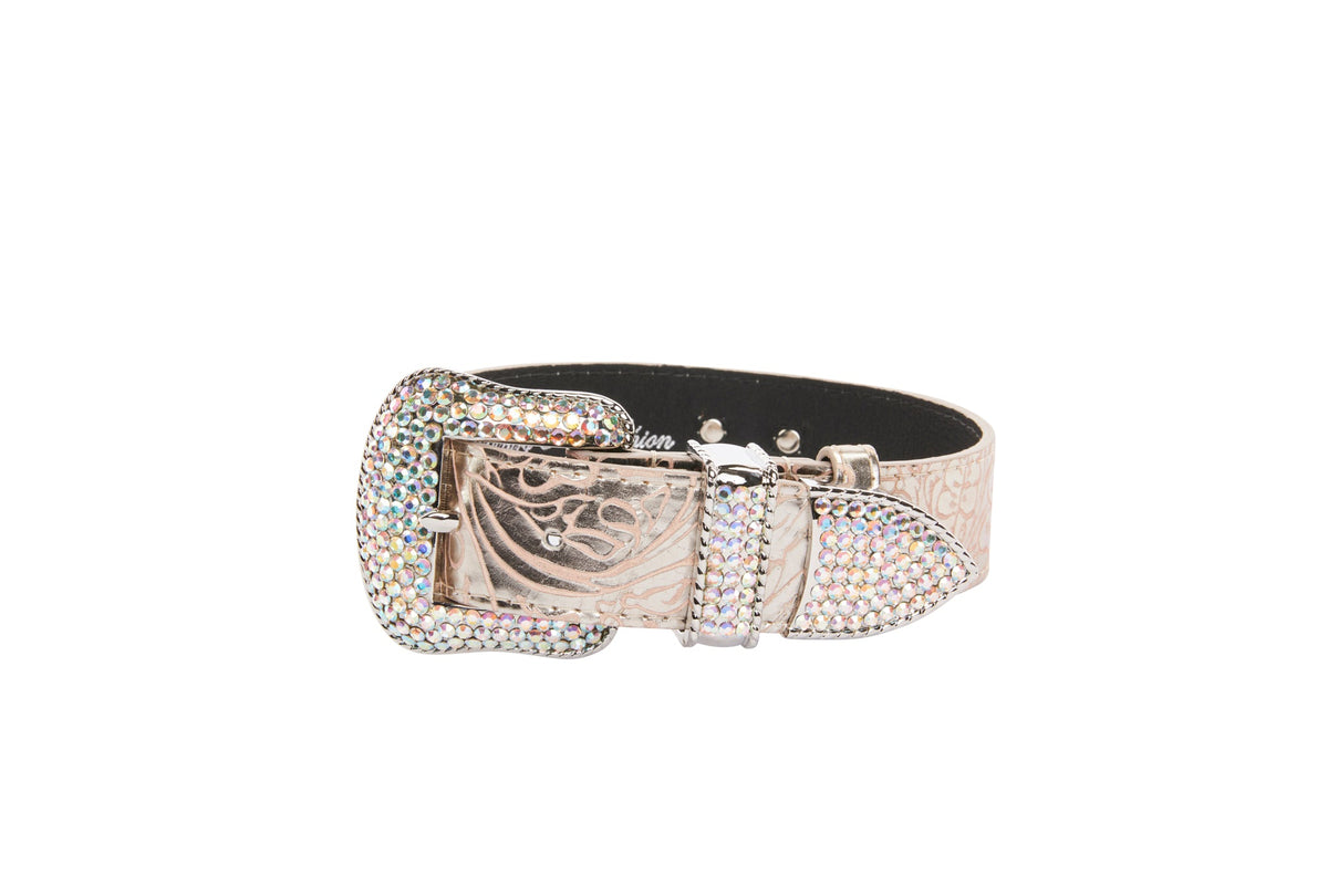 Allysa Payne Soft Pink/Silver Floral Print Italian Leather With Silver Swarovski Crystal Hardware Dog Collar