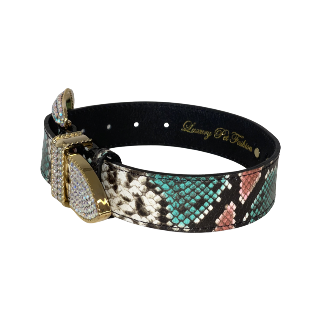Allysa Payne Multi-Color Embossed Snake Italian Leather Dog Collar, with our Italian Made Swarovski Crystal Hardware