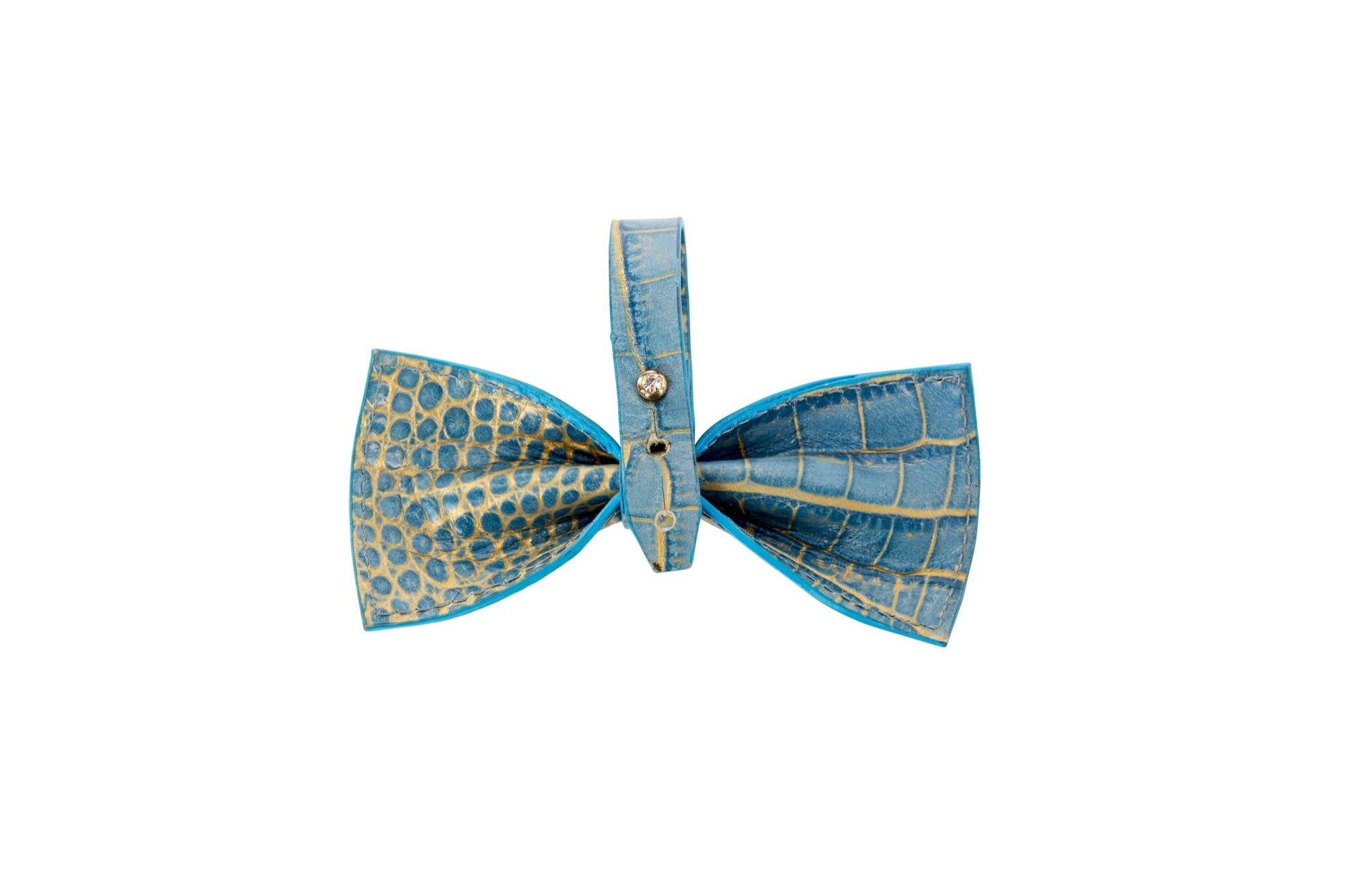 Allysa Payne Blue & Gold Embossed Croc Italian Leather Dog Bow Tie