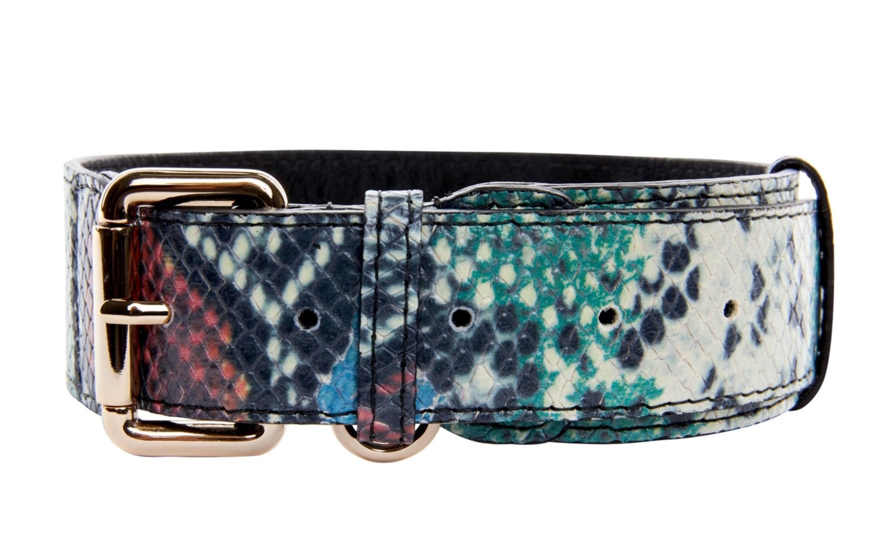 Green, Blue, Black, Red Embossed Snake Italian Leather Collar With Gold Classic Hardware
