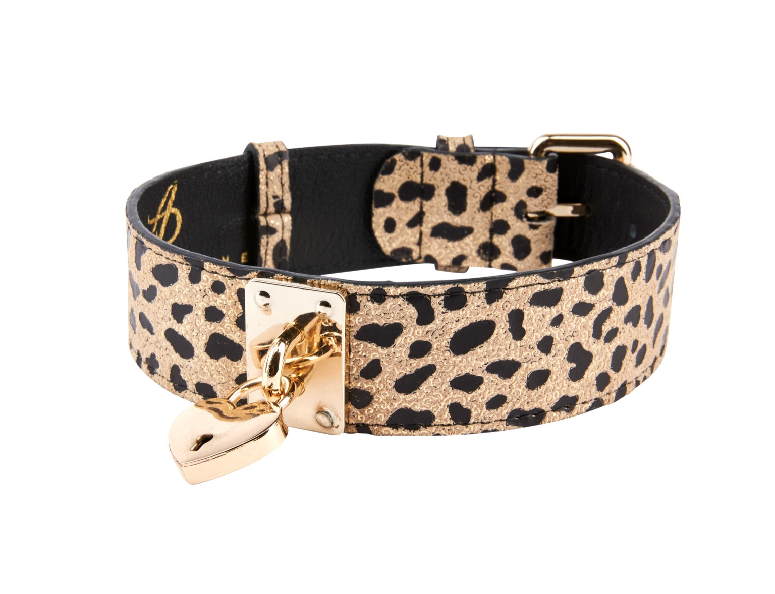 Allysa Payne Champagne Gold Leopard Print Italian Leather Reversible Heart Locket/Classic Dog Collar