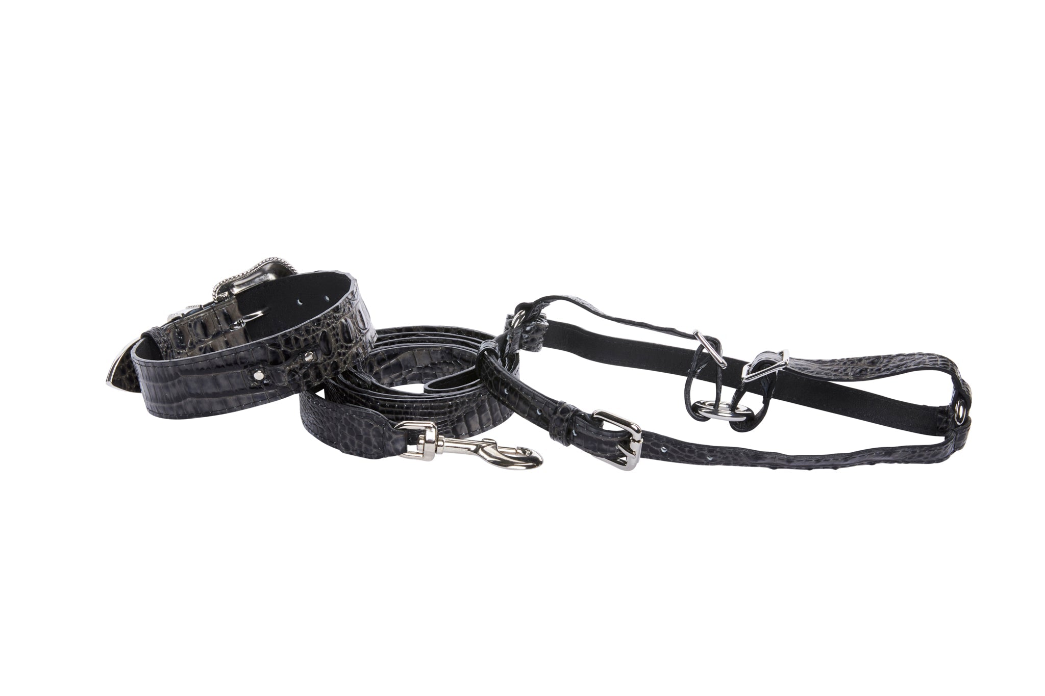 Dark Grey/Light Grey Embossed Croc Italian Leather Silver Swarovski Crystal Collar, Leash, Harness Set