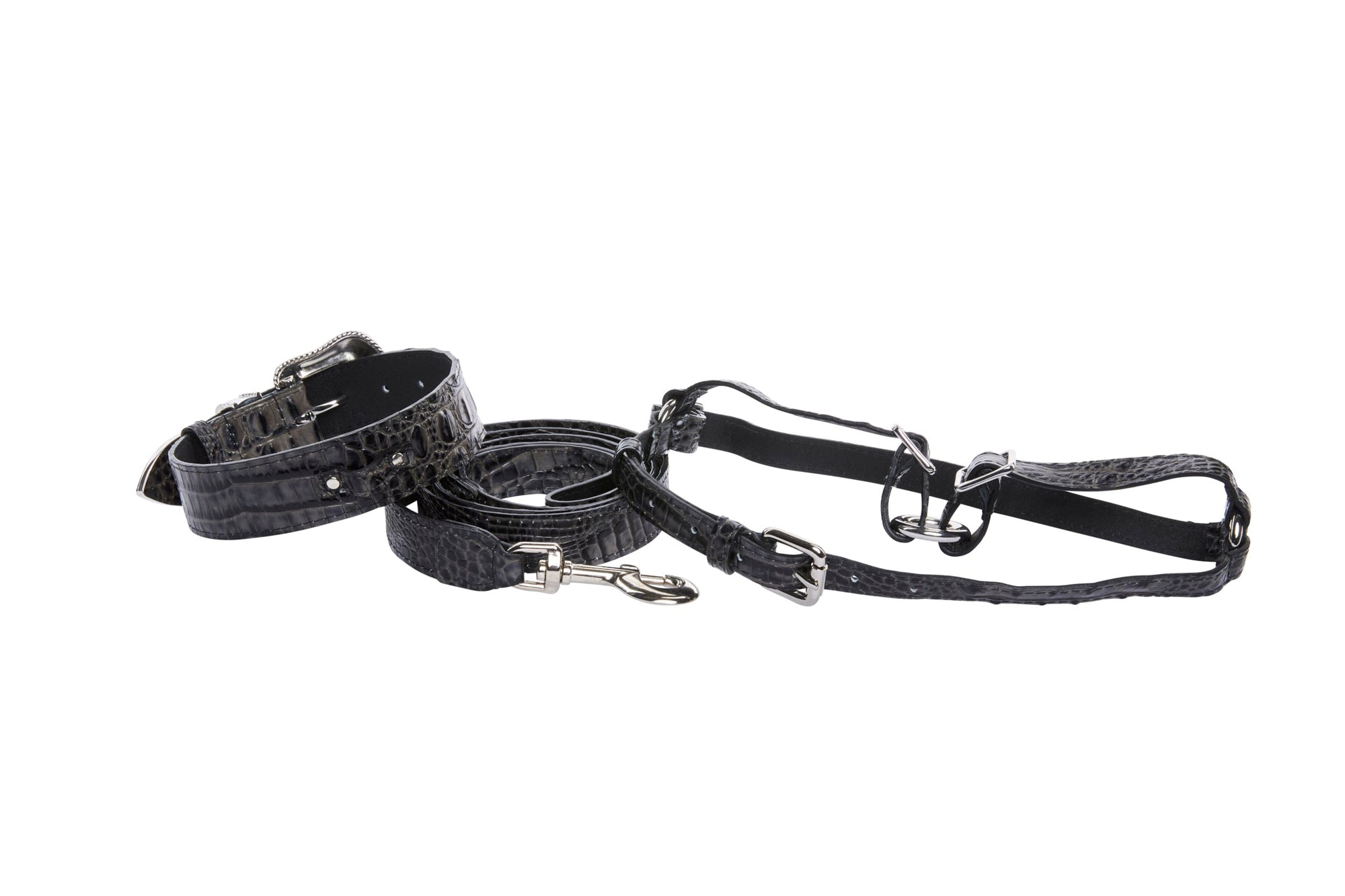 Allysa Payne Dark Grey/Light Grey Embossed Croc Italian Leather Silver Swarovski Crystal Dog Collar, Leash & Harness Set