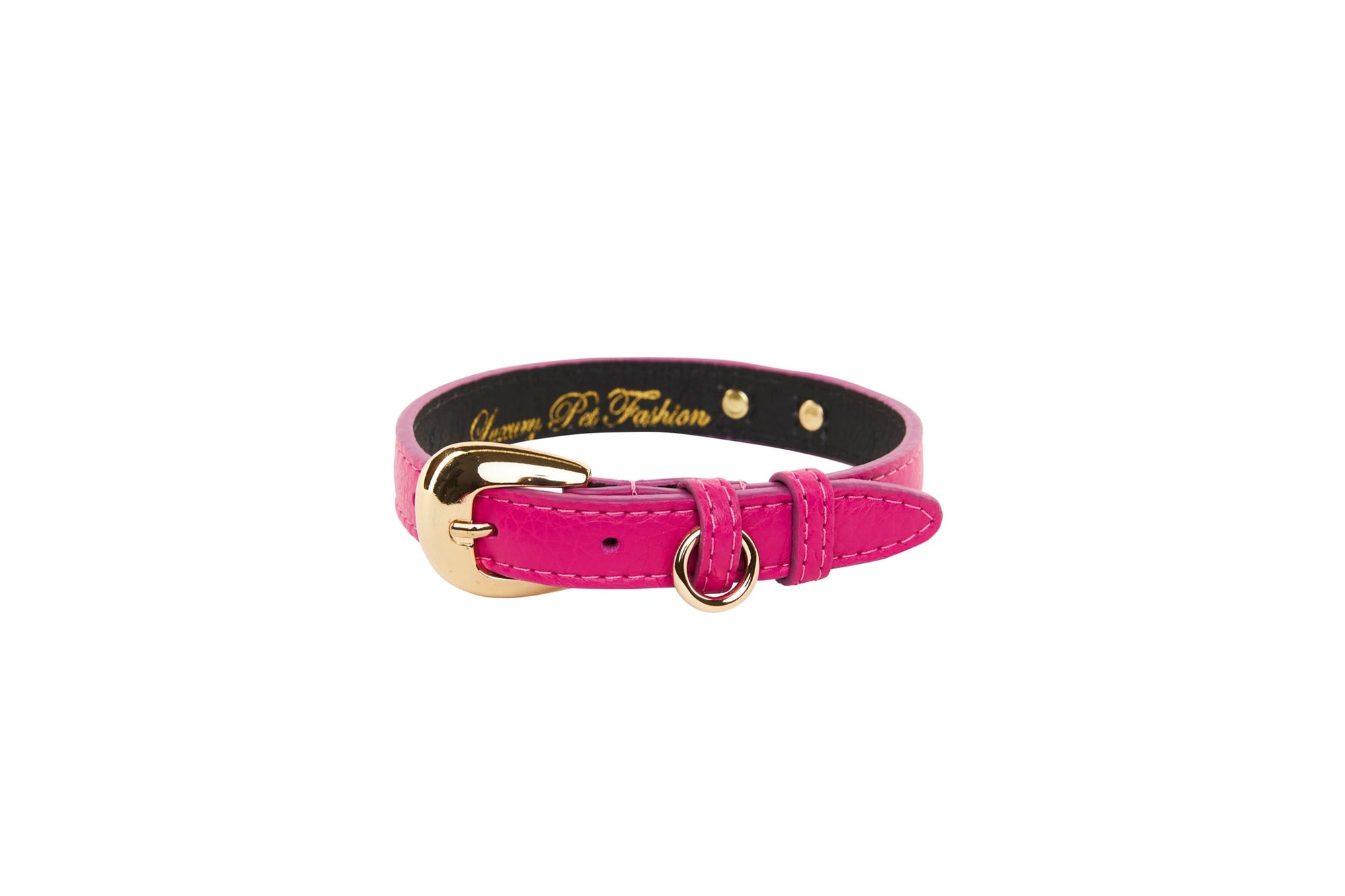 Allysa Payne Fuchsia Pink Italian Leather Dog Collar With Gold Oval Hardware