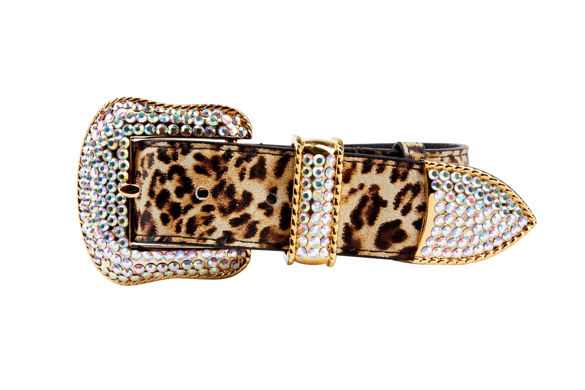 Leopard Print Italian Leather Collar With Swarovski Crystal Hardware