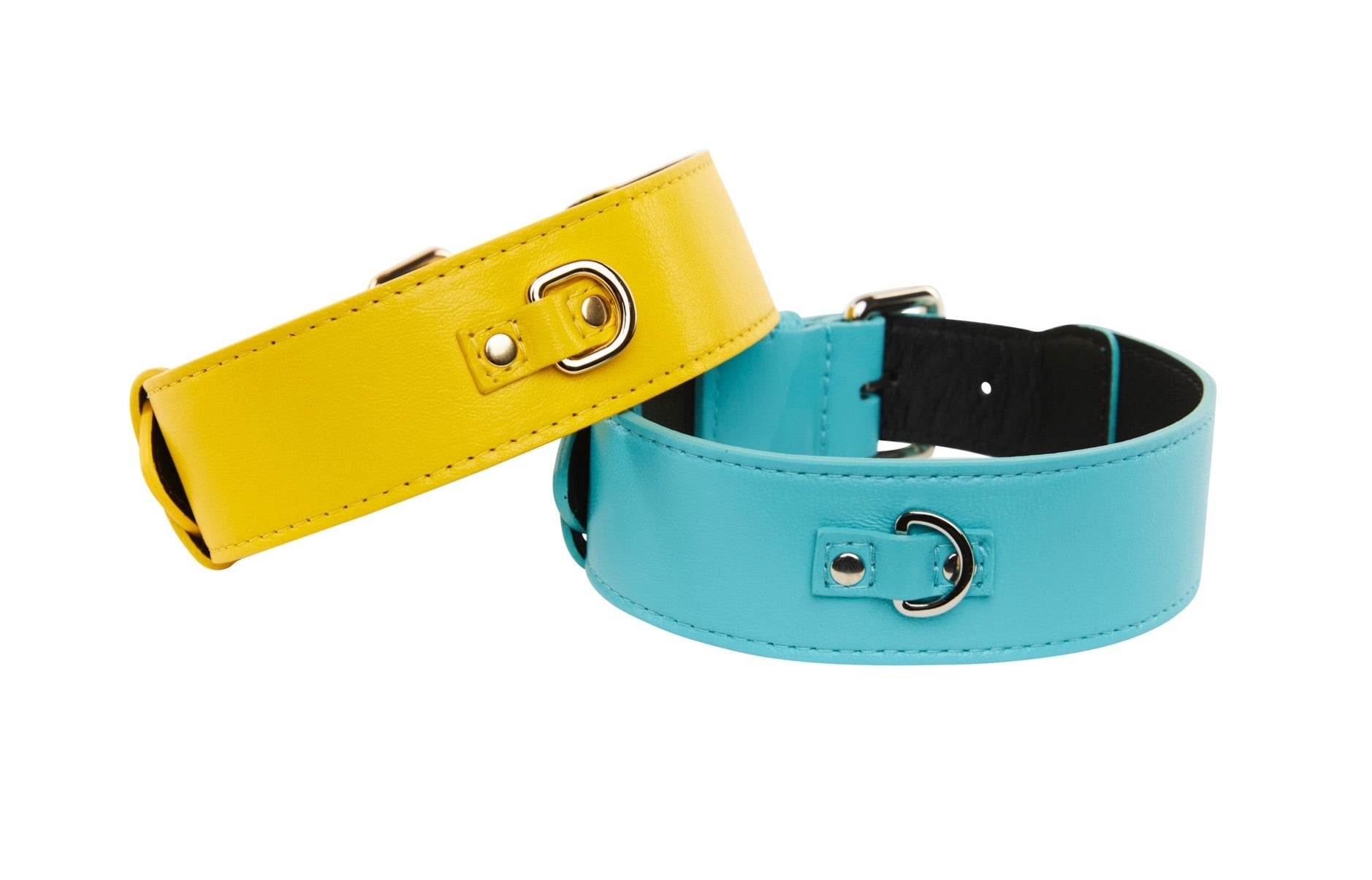 Turquoise Italian Leather/Silver Classic Hardware Collar & Yellow Italian Leather/Classic Gold Hardware Set