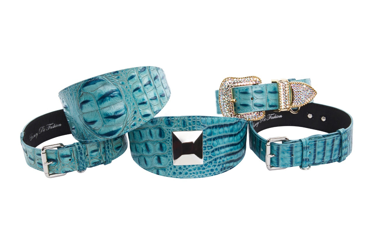 Turquoise Embossed Croc Italian Leather Collars. Amazing Set Of 5