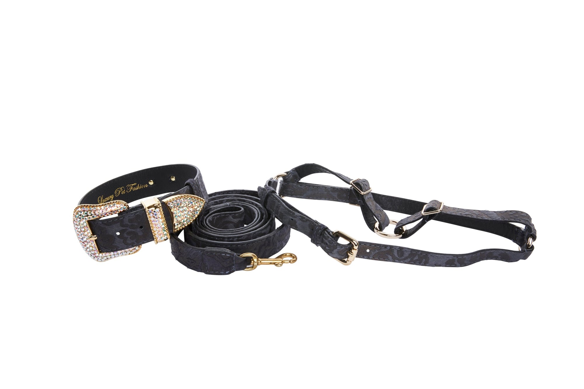 Allysa Payne Blue Grey Italian Leather With Velvety Floral Design With Swarovski Crystal Collar, Leash & Dog Harness
