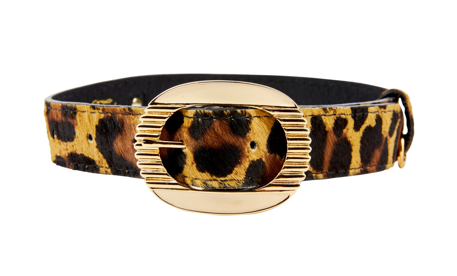 Leopard Print Hair On Hide Italian Leather Collar With Ornate Italian Hardware