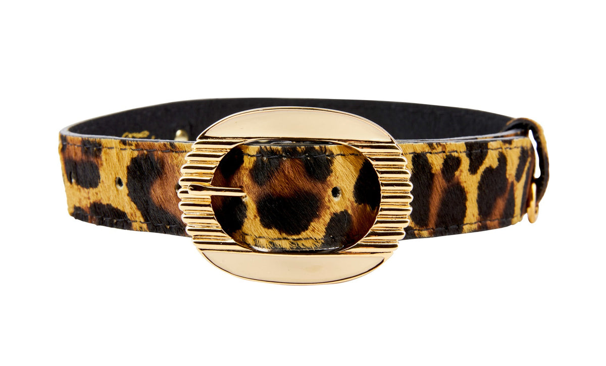 Allysa Payne Leopard Print Hair On Hide Italian Leather Dog Collar With Ornate Italian Hardware