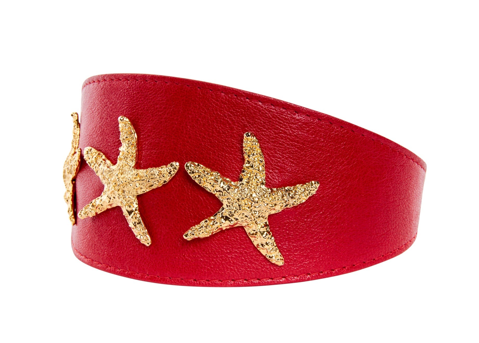 Gorgeous Red Italian Leather 3” Wide Style Collar With Custom Gold Starfish