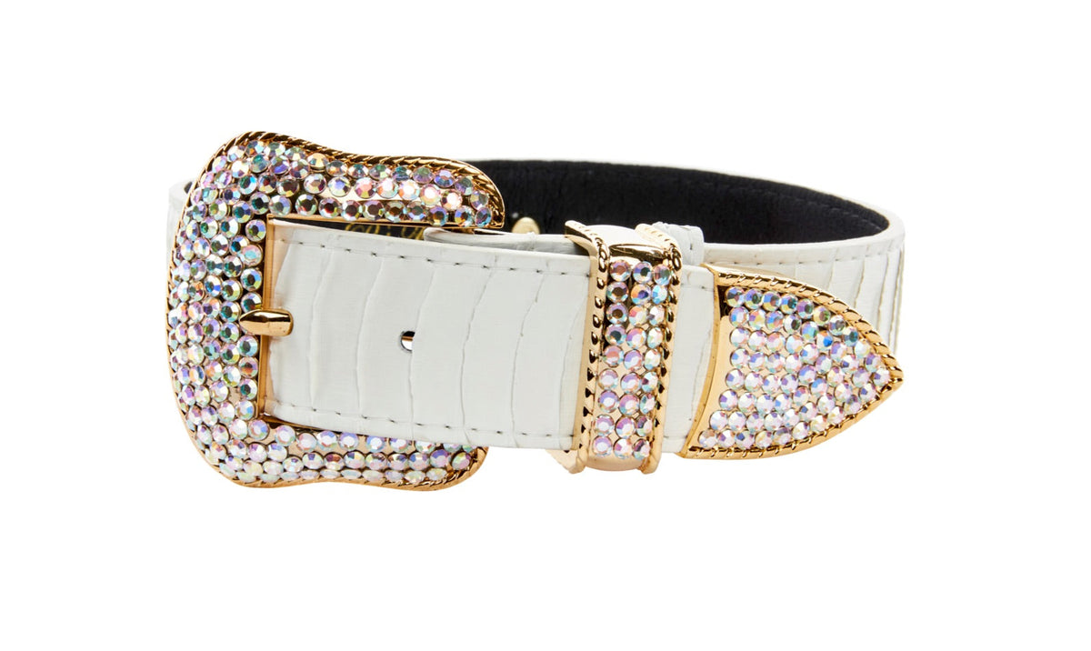 Allysa Payne Matte White Snake Dog Collar With Gold Swarovski Crystal Hardware Collar