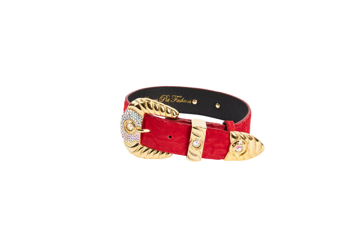 Allysa Payne Red Hair On Hide Italian Leather Dog Collar With Ornate Swarovski Hardware