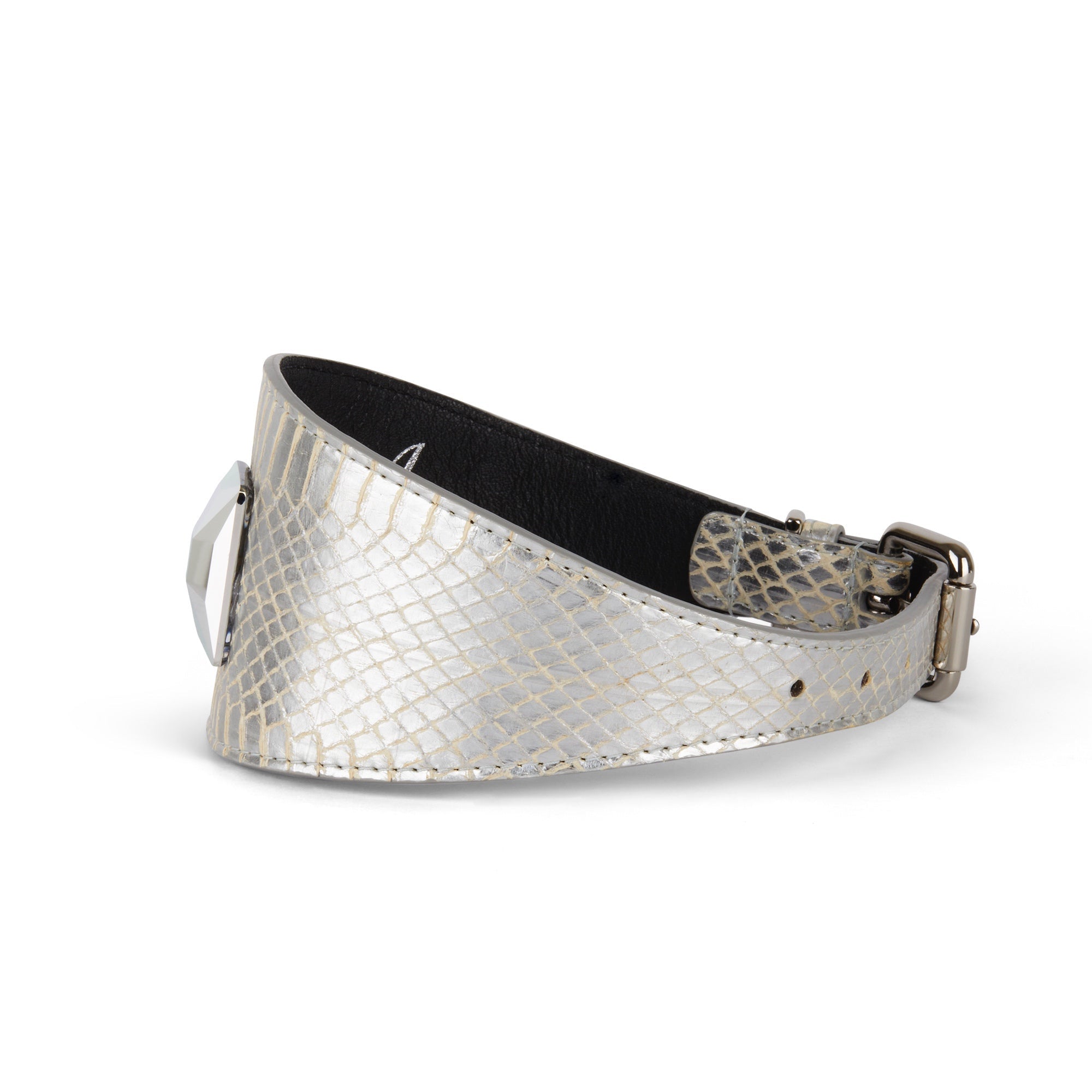 Allysa Payne Glamorous Silver Snake 3-Inch Wide Style Dog Collar With Large Silver Swarovski