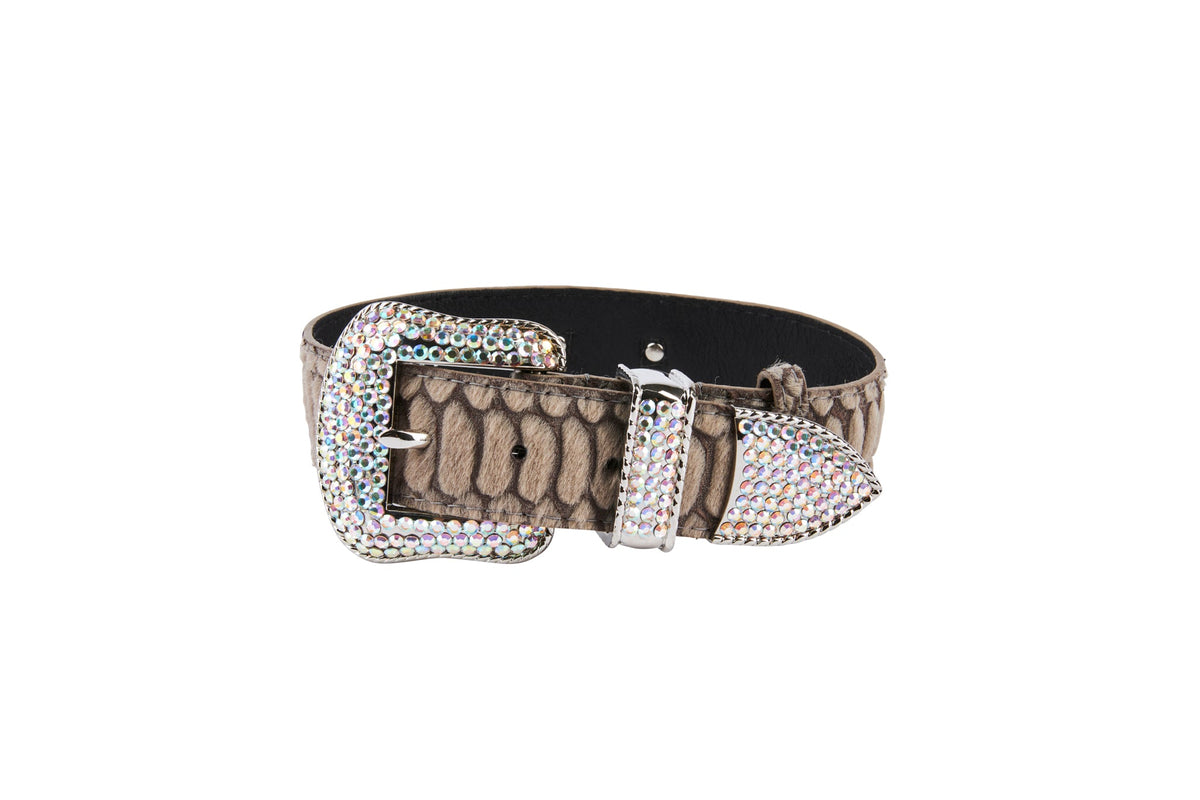 Allysa Payne Grey Snake Print Hair On Hide Italian Leather Dog Collar With Swarovski Hardware