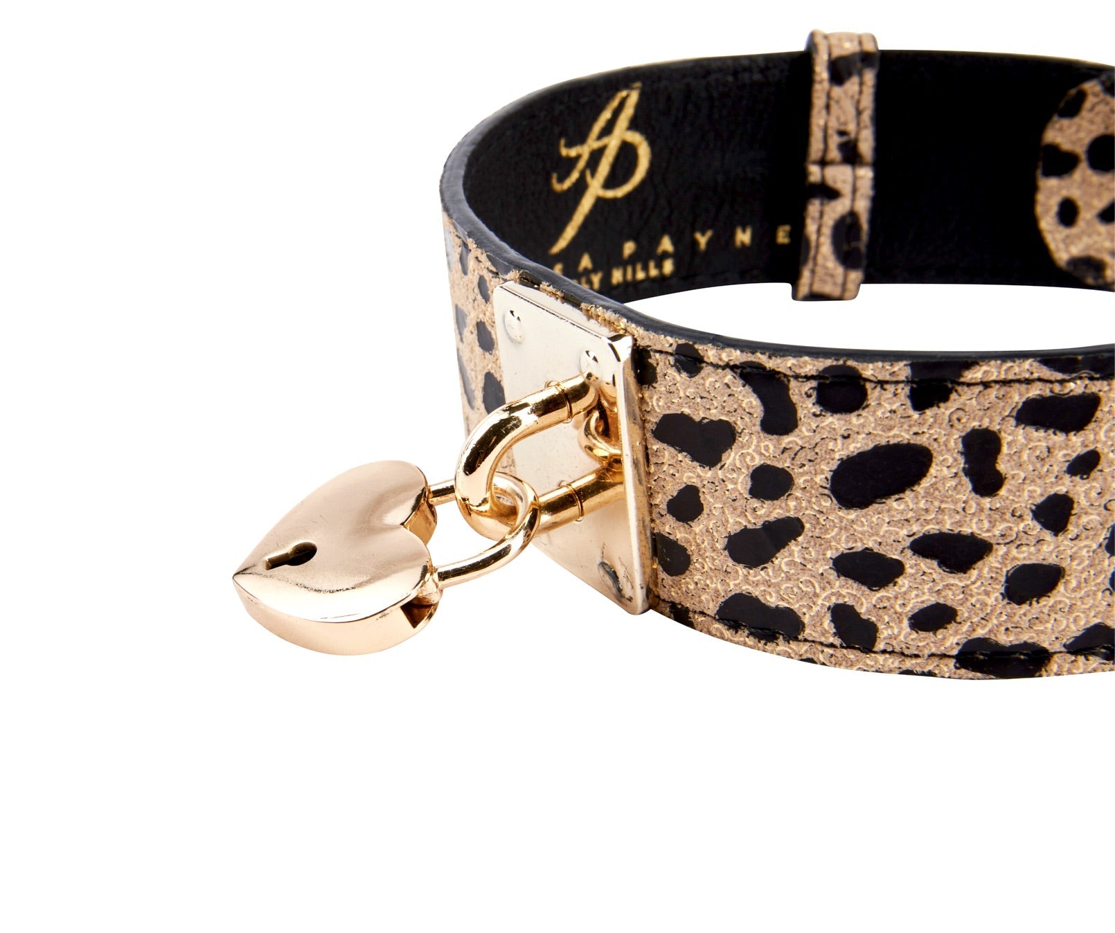 Allysa Payne Champagne Gold Leopard Print Italian Leather Reversible Heart Locket/Classic Dog Collar