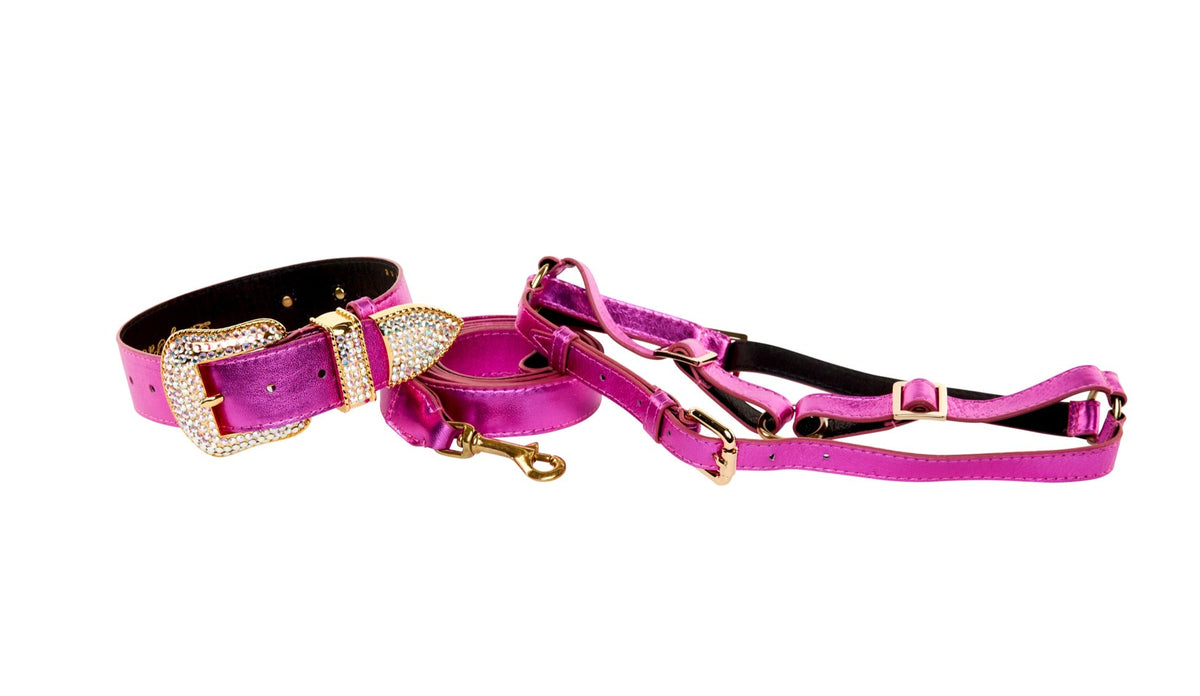 Allysa Payne Pink Foil Italian Leather/Swarovski Crystal Dog Collar, Leash & Harness Set