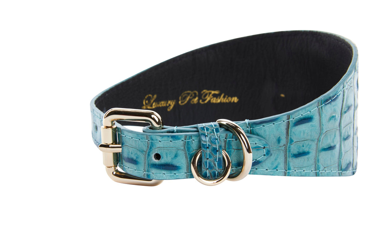 Allysa Payne Turquoise Embossed Croc Italian Leather 3-Inch Wide Style Dog Collar
