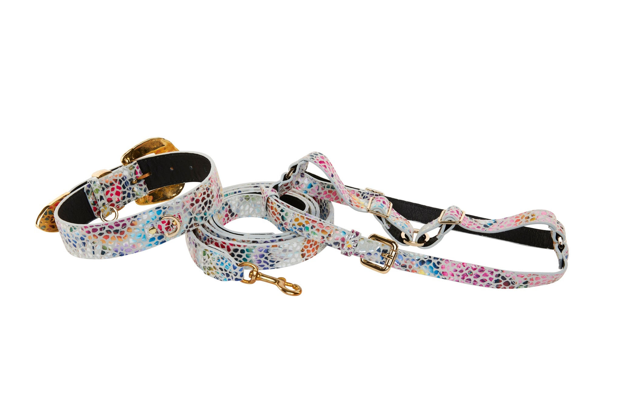 White Floral Mosaic Italian Leather Collar, Leash, Harness Set with Orante Swarovski Crystal Hardware