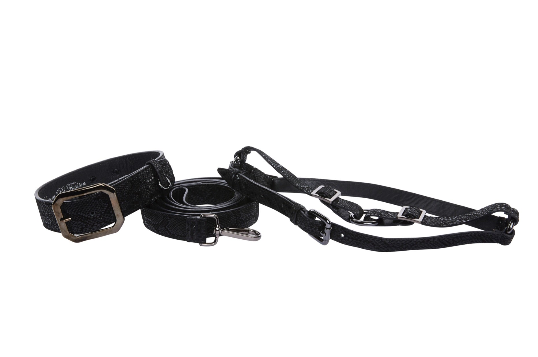 Glamorous Black Snake Print Italian Leather With Gun Metal Grey Hardware Collar, Leash, Harness, Set