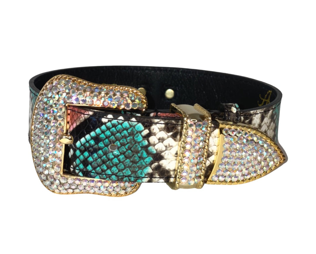Allysa Payne Multi-Color Embossed Snake Italian Leather Dog Collar, with our Italian Made Swarovski Crystal Hardware