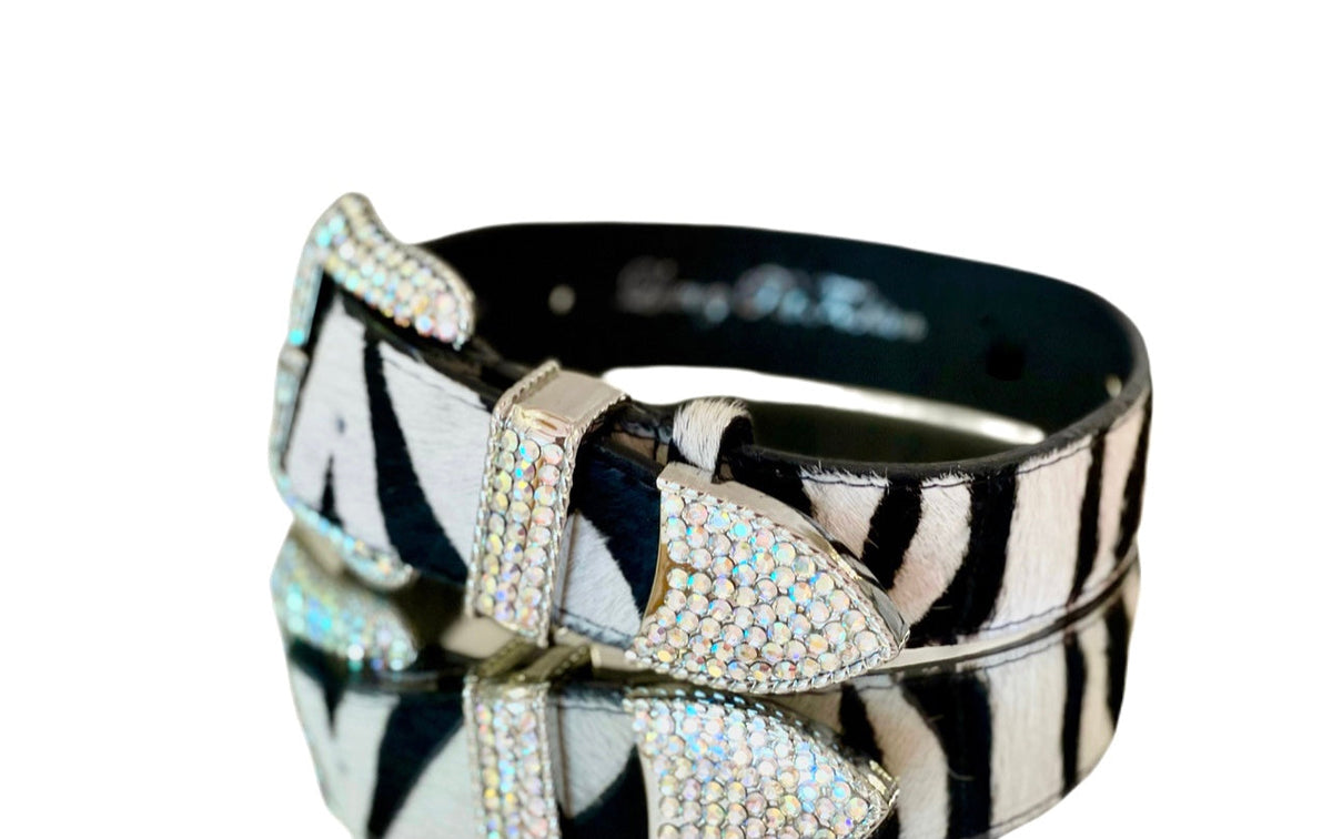Allysa Payne Luxury Pet Fashion Tiger Print Hair On Hide Italian Leather Dog Collar With Swarovski Crystal Hardware