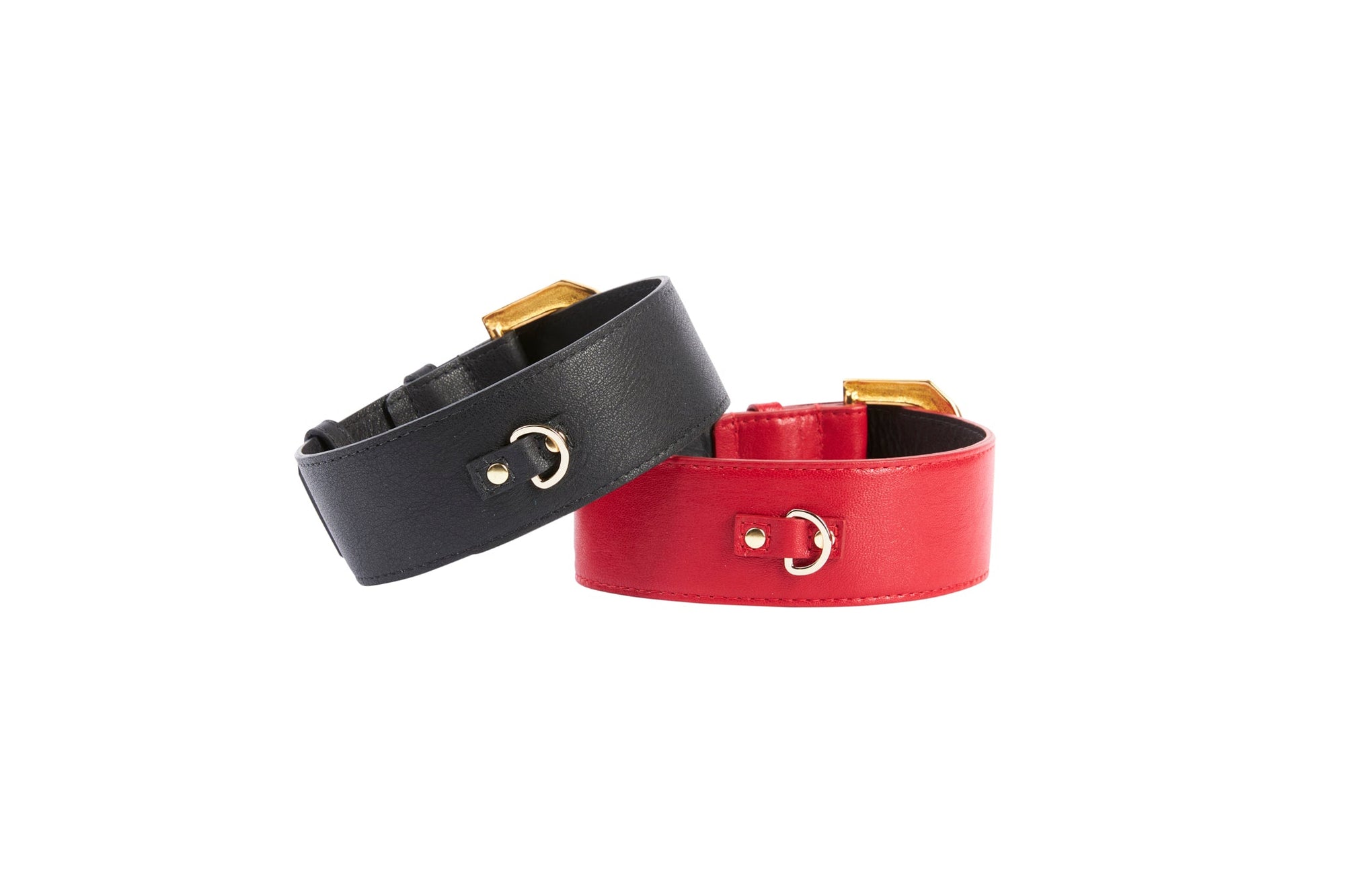 Allysa Payne Black Italian Leather & Red Italian Leather Dog Collar Set With Custom Glamorous Italian Hardware
