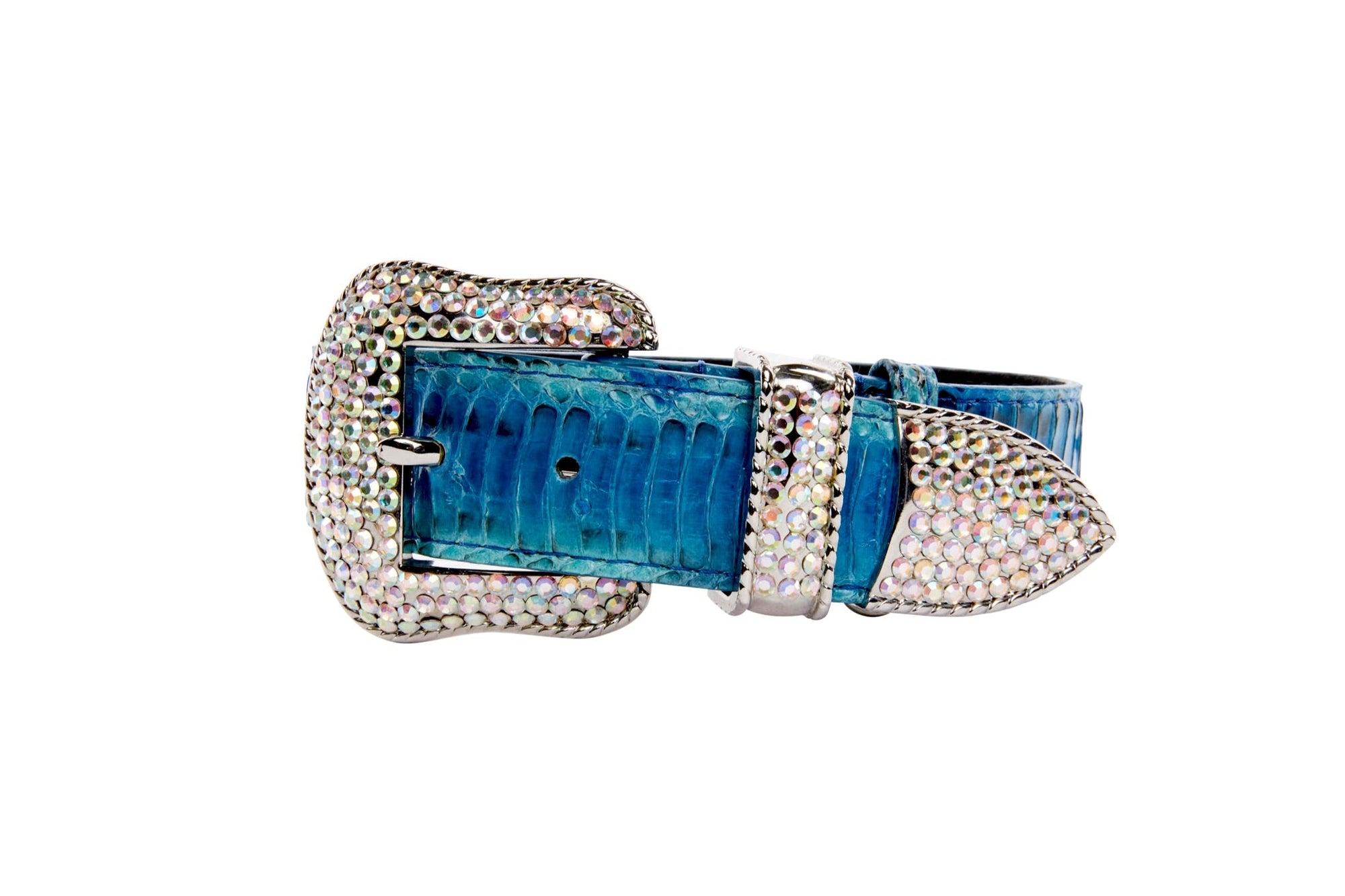 Allysa Payne Blue & Turquoise Snake Dog Collar With Silver Swarovski Crystal Hardware