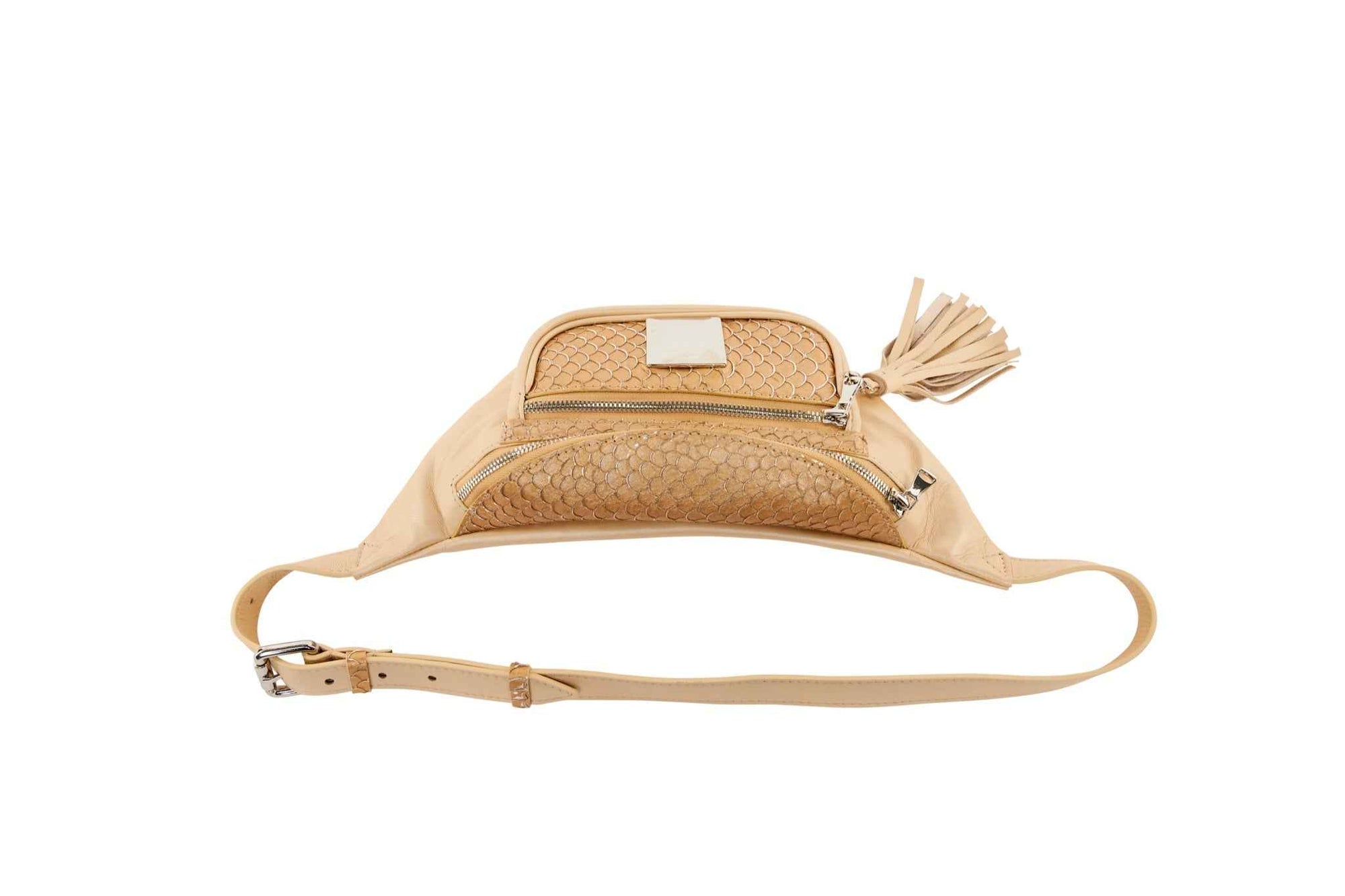 Allysa Payne Pearl Beige Italian Leather/Taupe Tilapia Fanny Pack With Custom Large Silver Rivet