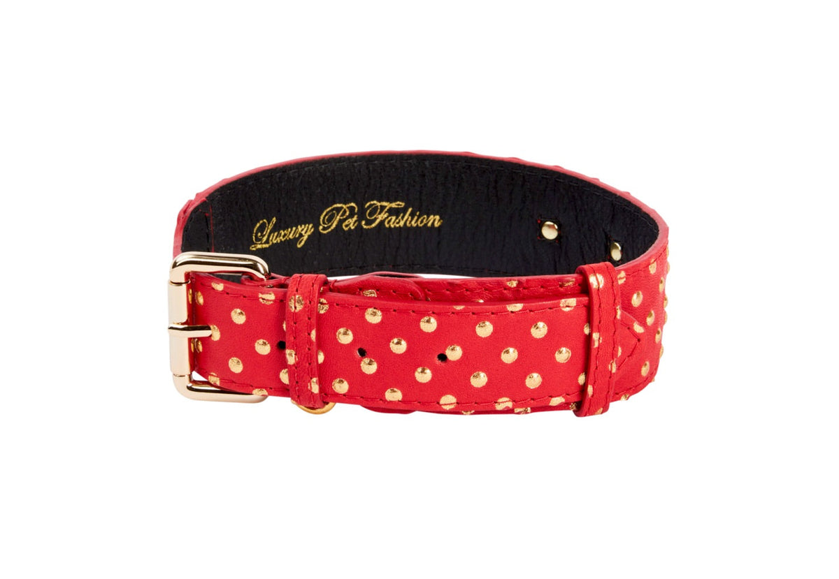 Allysa Payne Red & Gold Polka Dot Italian Leather Classic Dog Collar