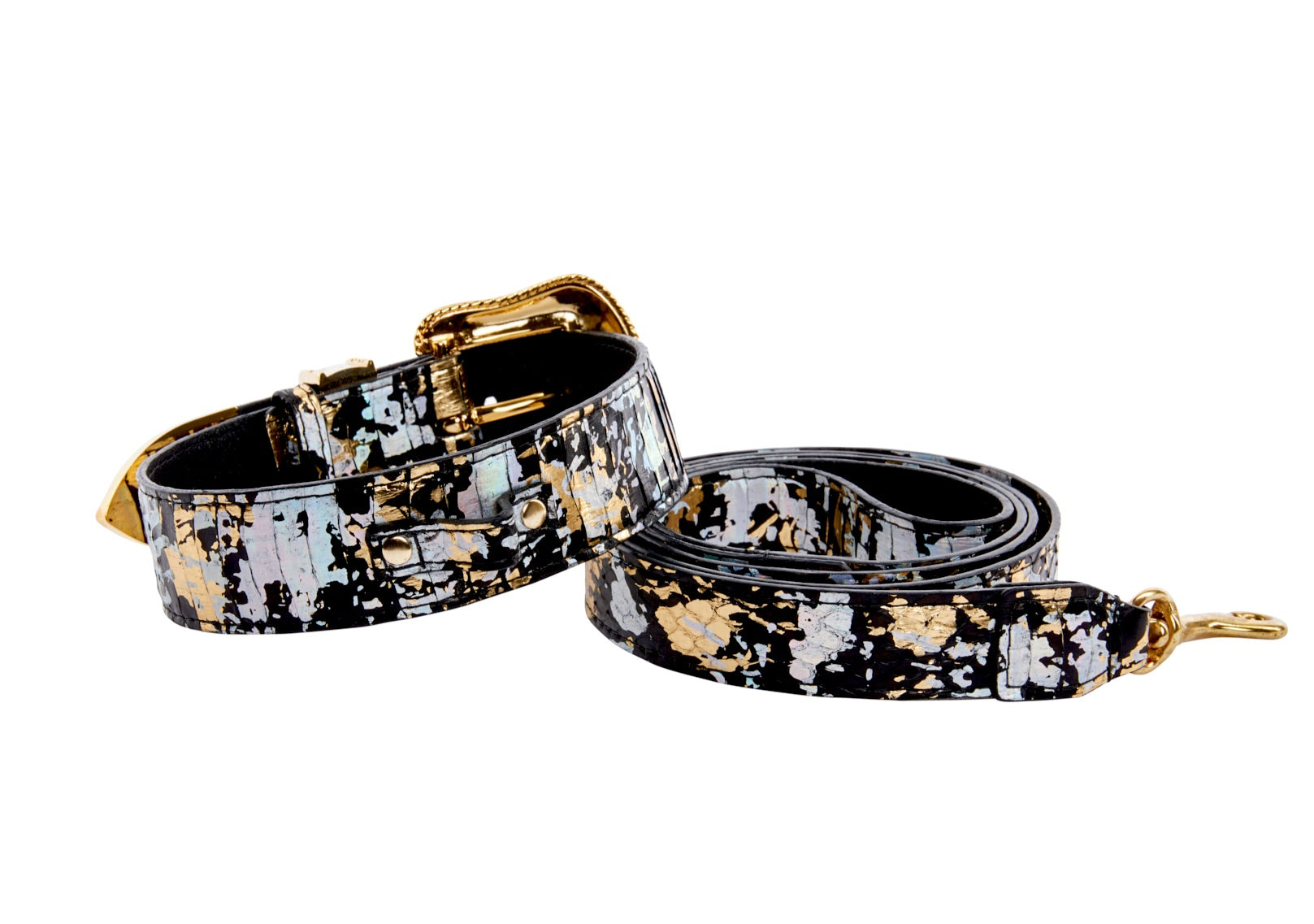 Allysa Payne Black, Gold, Silver Iridescent Snake With Swarovski Crystal Hardware Dog Collar & Leash Set
