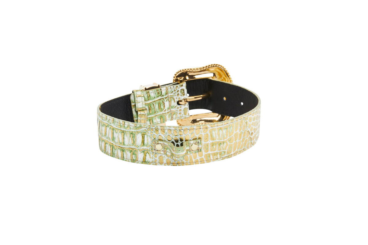 Allysa Payne Luxury Pet Fashion Green/Gold Embossed Croc Italian Leather/Swarovski Crystal Dog Collar