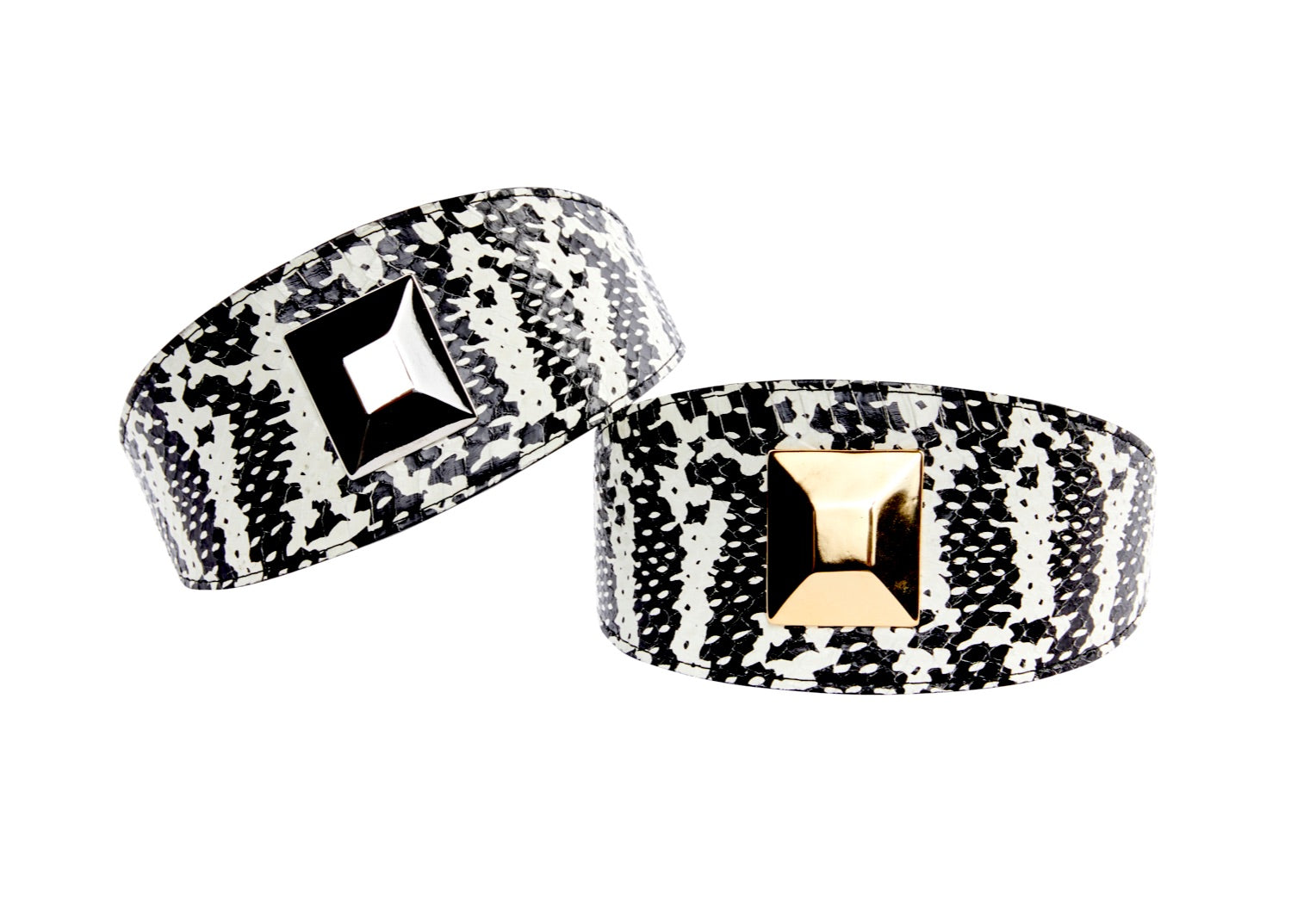 Allysa Payne Black & White Snake Wide Style 3" Dog Collar With Large Silver & Gold Rivets
