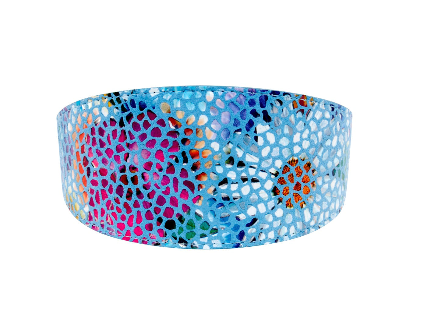 Blue Floral Mosaic Italian Leather 3” Wide Style Collar