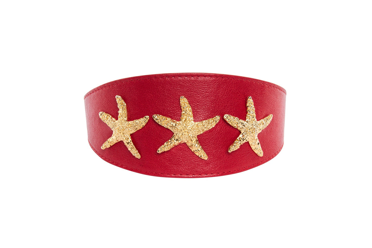 Allysa Payne Red Italian Leather 3-Inch Wide Style Dog Collar With Custom Gold Starfish