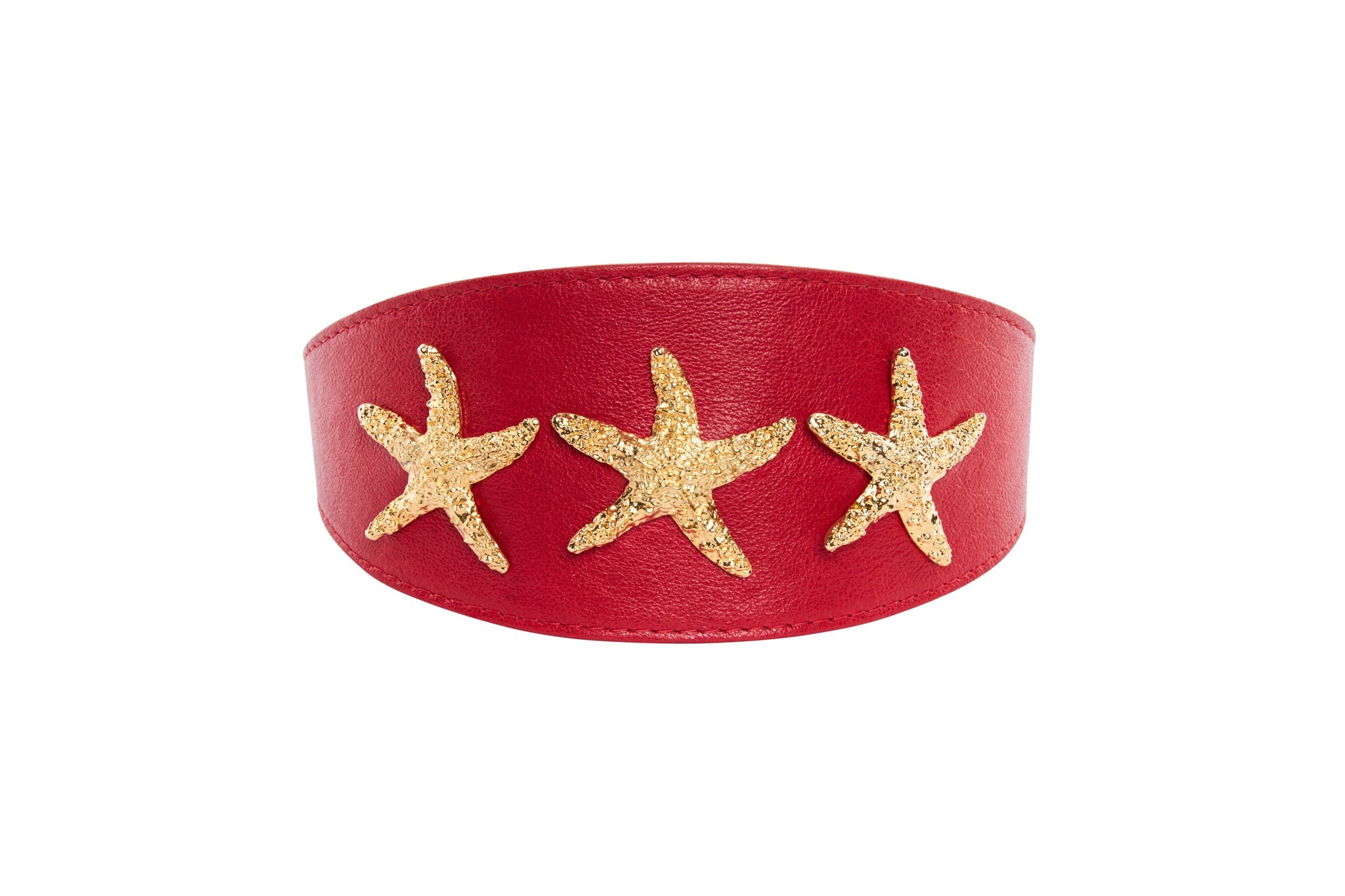 Gorgeous Red Italian Leather 3" Wide Style Collar With Custom Gold Starfish