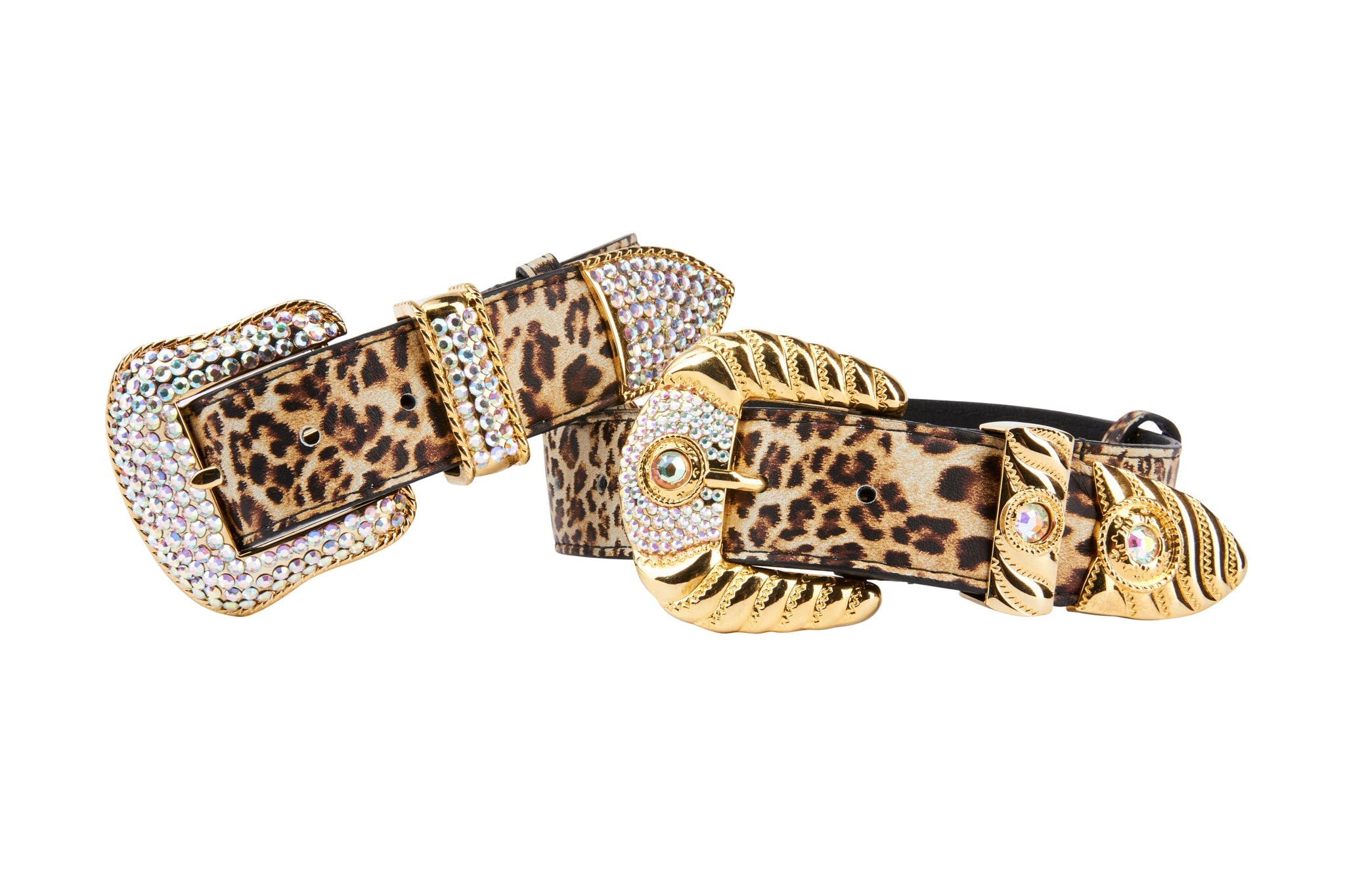 Leopard Print  Italian Leather Collar With Swarovski Crystal Hardware Set Of 2