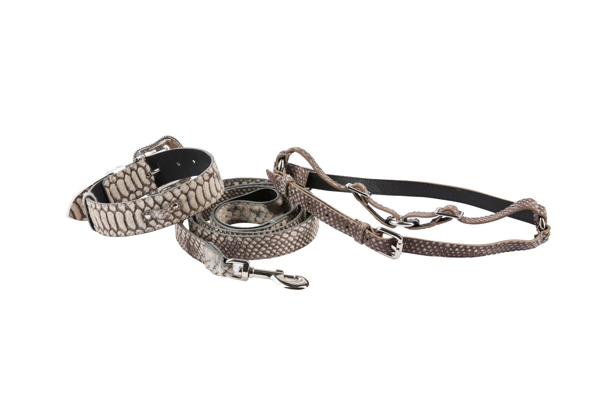 Allysa Payne Grey Snake Print Hair On Hide Italian Leather With Swarovski Crystal Hardware Dog Collar & Leash Set