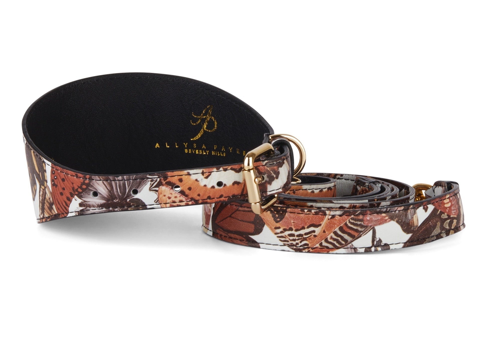 Allysa Payne Butterfly Print Italian Leather 3-Inch Wide Style Dog Collar & Leash Set