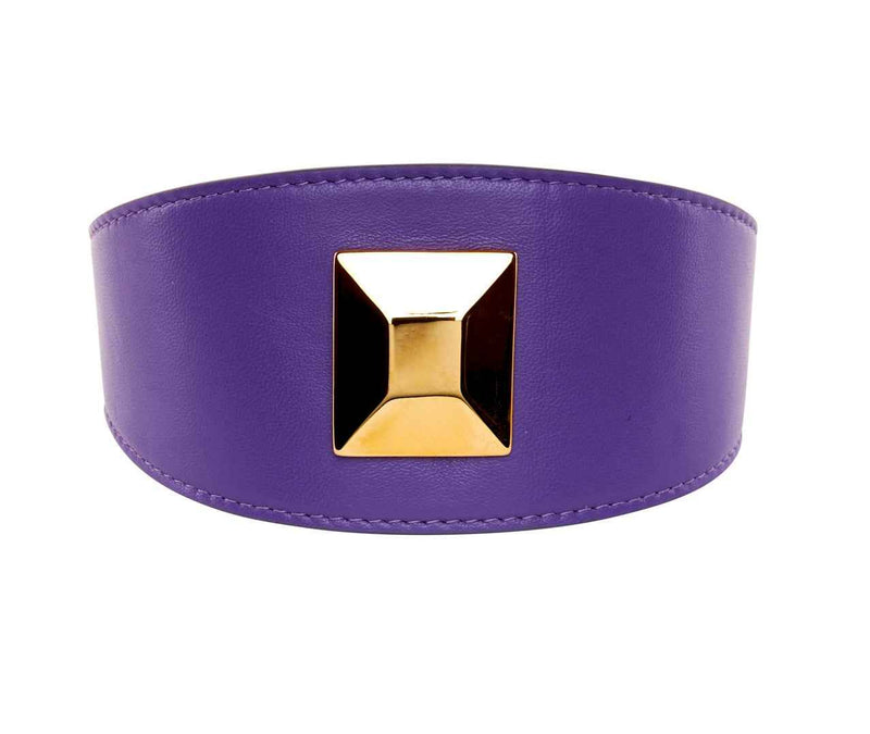Allysa Payne Purple Italian Leather 3-Inch Wide Style Dog Collar With Large Gold Custom Rivet