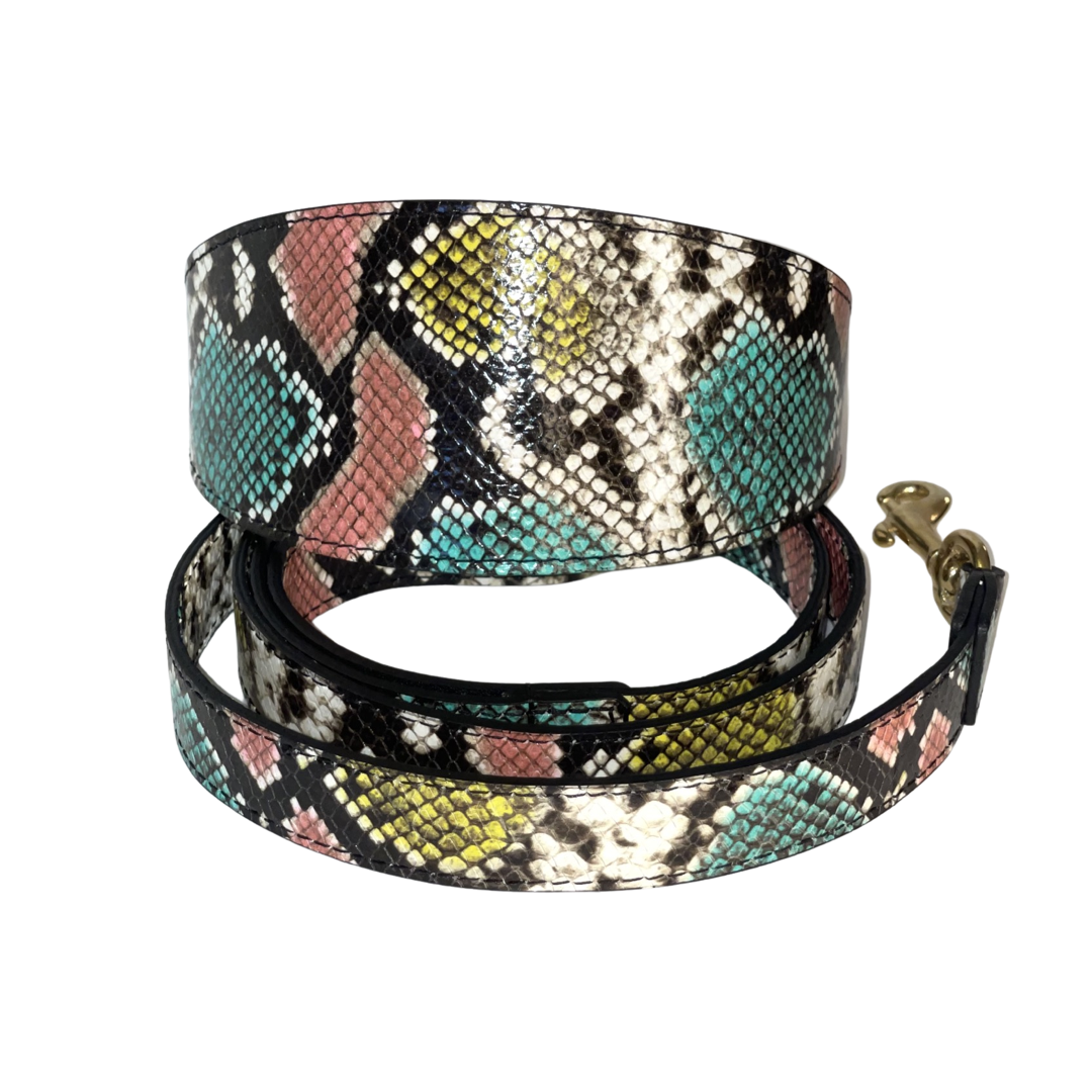 Multi-Color Embossed Snake Italian Leather, 3" Wide Style Collar & Leash Set