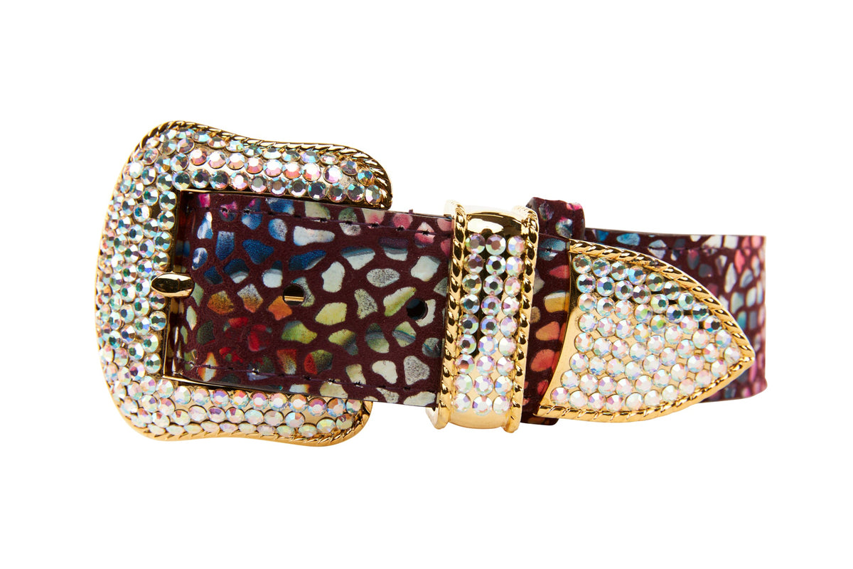 Allysa Payne Luxury Pet Fashion Burgundy Floral Mosaic Italian Leather With Gold Swarovski Crystal Hardware Dog Collar