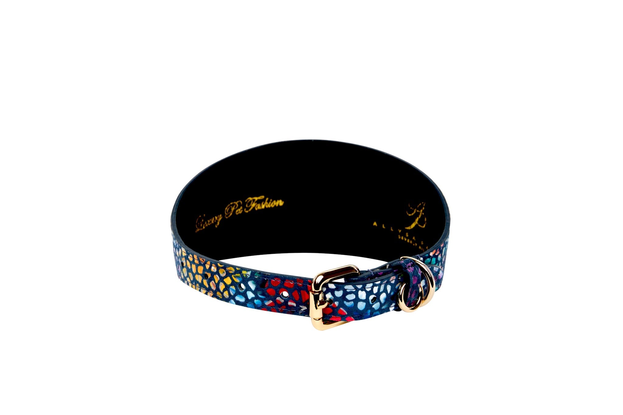 Dark Midnight Blue Floral Mosaic Italian Leather 3" Wide Style Collar