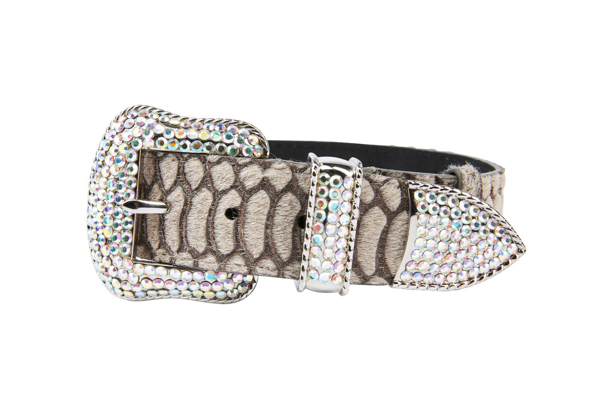 Allysa Payne Grey Snake Print Hair On Hide Italian Leather Dog Collar With Swarovski Crystal Hardware