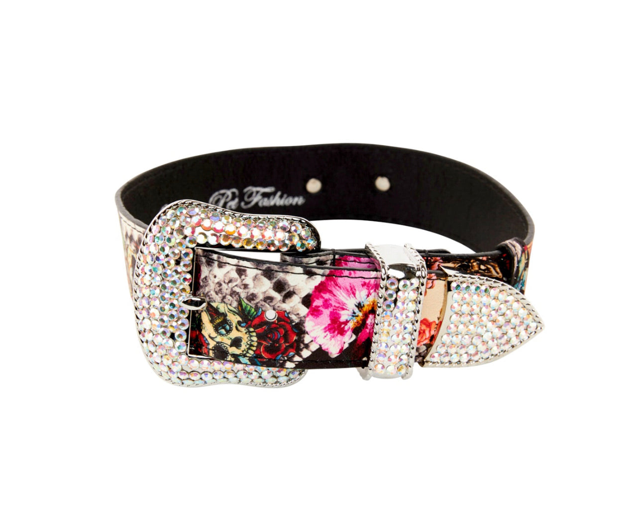 Floral, Scull, Snake Print Italian Leather Collar With Swarovski Crystal Hardware