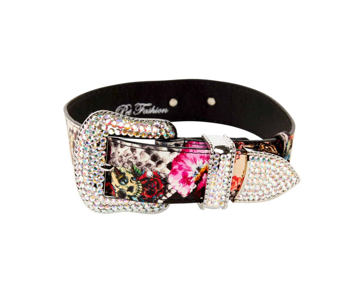 Allysa Payne Floral, Scull, Snake Print Italian Leather Dog Collar With Swarovski Crystal Hardware