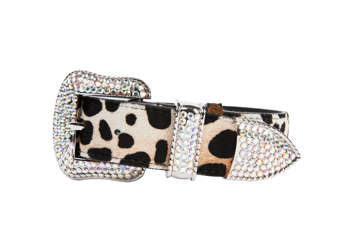 Allysa Payne Snow Leopard Print Hair On Hide Italian Leather Dog Collar With Swarovski Crystal Hardware