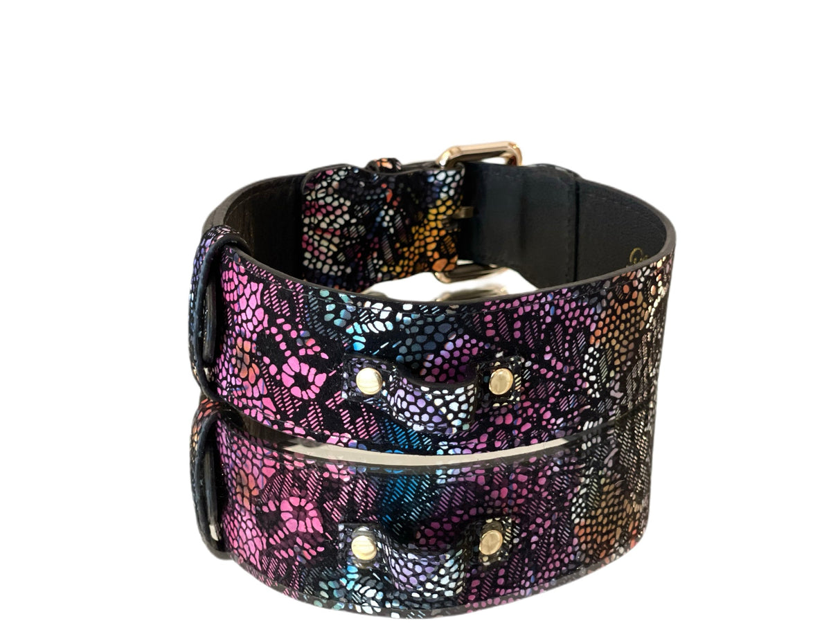 Allysa Payne Luxury Pet Fashion Black Floral Lace Italian Leather With Gold Classic Hardware Dog Collar