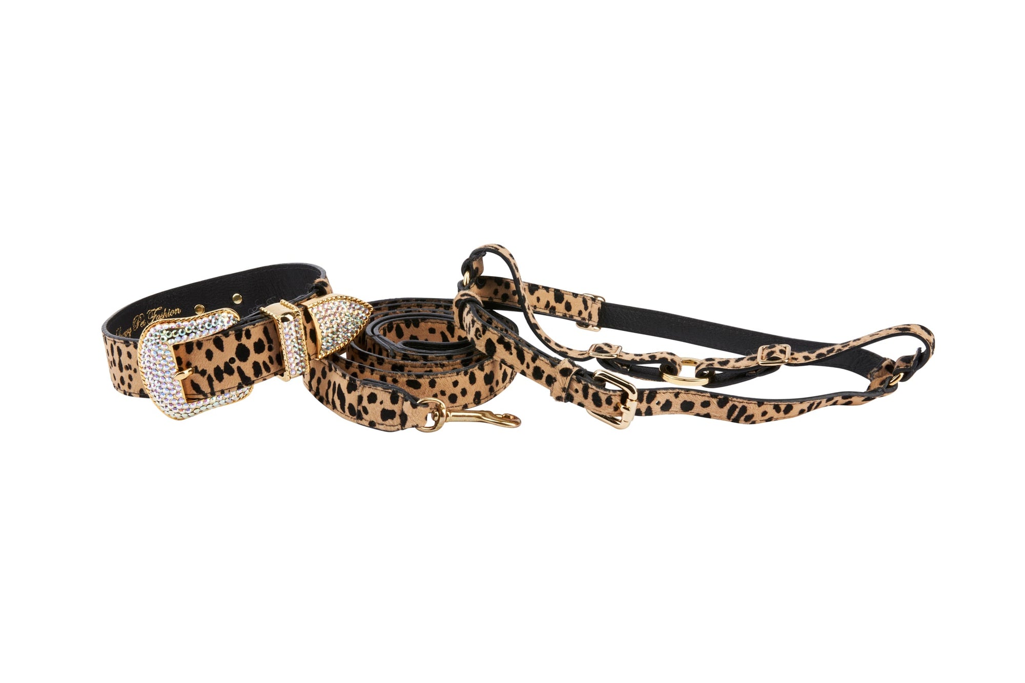 Allysa Payne Classic Leopard Print Hair On Hide Italian Leather Swarovski Crystal Dog Collar, Leash & Harness Set